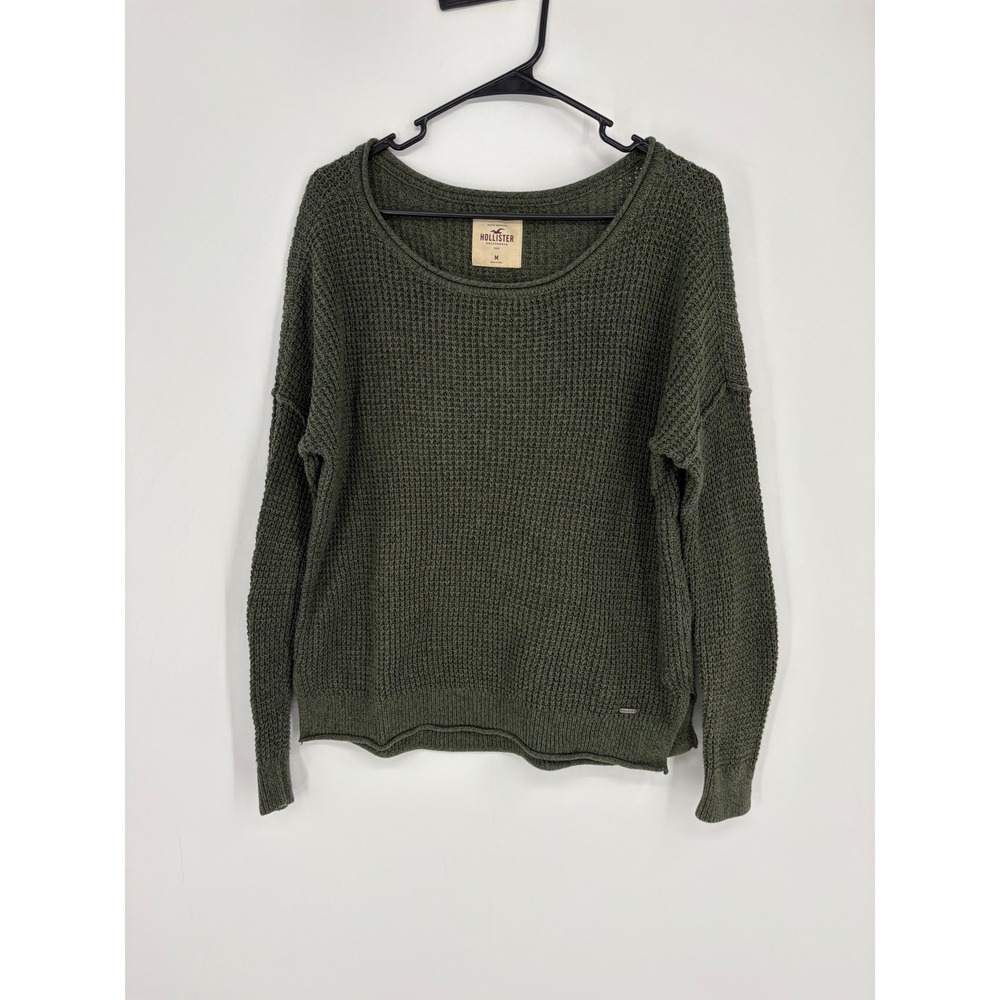 Hollister Sweater Womens M Olive Green Waffle Knit Slouchy Scoop Neck Casual